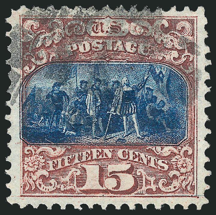 15c Brown & Blue, Ty. II (119).> Bright colors, well-proportioned margins, cork cancel struck at top leaves entire design clearly visible, tiny corner crease at bottom right not mentioned on accompanying
certificate, Extremely Fine appearance, with 1
