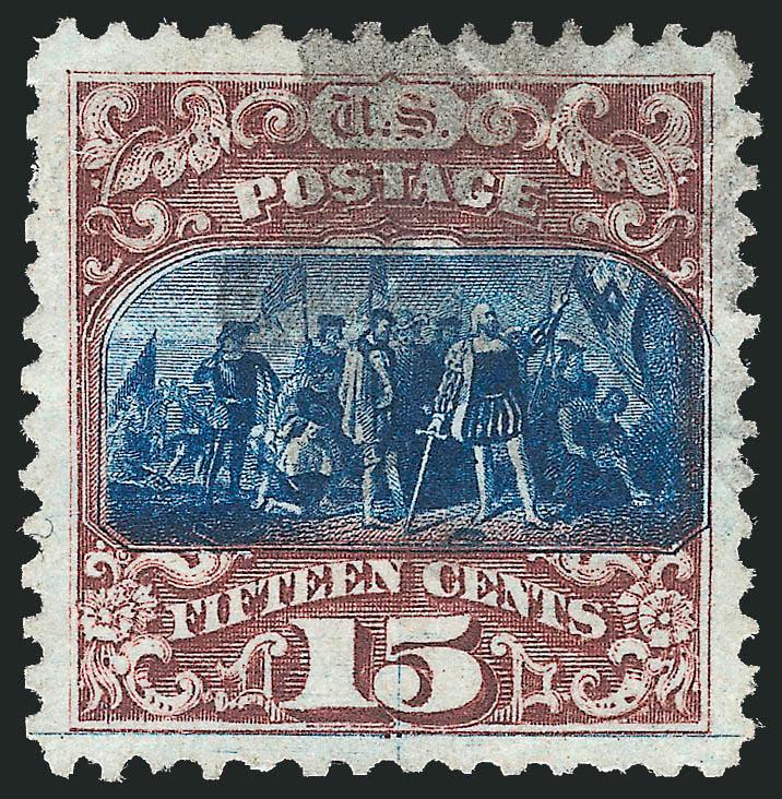 15c Brown & Blue, Ty. II, Split Grill (119 var).> Majority of grill is at top left corner and with small part of grill at top right, wide margins, rich colors and detailed impressions, unobtrusive strike of
cork cancel, Extremely Fine, with 1998 P.F.