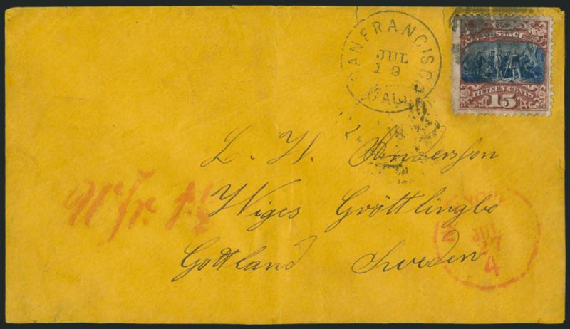 15c Brown & Blue, Ty. II (119).> Rich colors, small <pre-printing paperfold> at right, tied by quartered cork cancel which leaves the design clearly visible, San Francisco Cal. Jul. 19 circular datestamp on
1869 buff cover <to Gotland, Sweden,> red