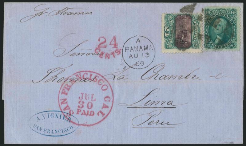24c Green & Violet (120).> Rich colors and detailed impressions, used with <10c Yellow Green, F Grill (96),> s.e. at top and tied by quartered corks, magenta San Francisco Cal. Paid Jul. 30 circular datestamp
on blue 1869 folded cover <to Lima, Per