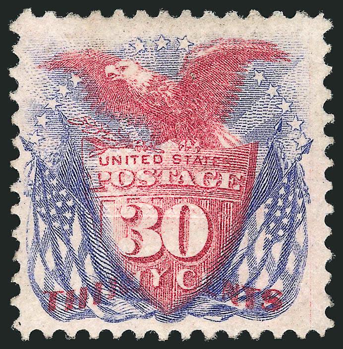 30c Ultramarine & Carmine (121).> Original gum, bright colors, long and full perforations all around<><>^FRESH AND FINE. AN ATTRACTIVE ORIGINAL-GUM EXAMPLE OF THE 30-CENT 1869 PICTORIAL ISSUE.^<><>With 1983 and
2010 P.F. certificates