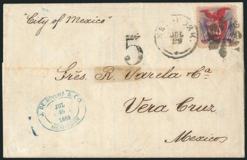 30c Ultramarine & Carmine (121).> Deep rich colors, tied by neat strike of rosette cancel and New-York Jul. 29 circular datestamp on 1869 folded letter <to Vera Cruz, Mexico,> bold 5 reales due marking for
internal Mexican postage, horizontal fil