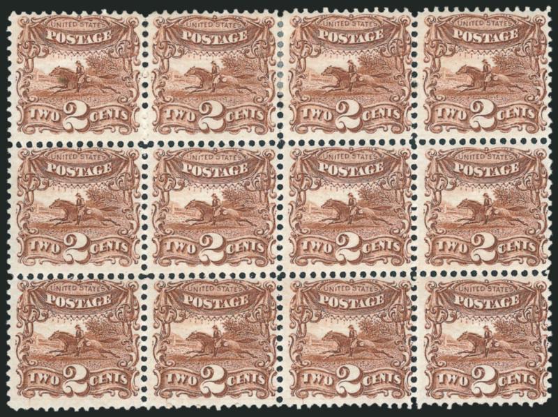 2c Brown (113).> Block of twelve, <bottom two rows Mint N.H.,> h.r. at top center where few perf separations sensibly reinforced, bright color, top left stamp small translucency<><>^FINE-VERY FINE APPEARANCE. AN
IMPRESSIVE BLOCK OF TWELVE OF THE 2-