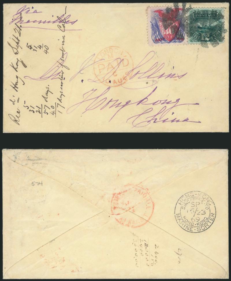 30c Ultramarine & Carmine (121).> Bright colors, used with <12c Green (117),> both superb with wide margins, tied by circle of Vs cancels on cover <to Hong Kong, China,> red New York Paid All Br. Transit Jul.
31 backstamp, red London Paid 10 AU 6