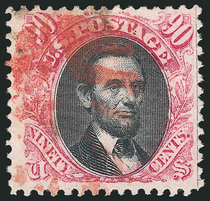 90c Carmine & Black (122).> Brilliant colors and crisp impressions, virtually face-free strike of <red Leaf> cancel used on New York Supplementary Mail, trace of black cancel at top<><>^VERY FINE. A RARE
EXAMPLE OF THE 90-CENT 1869 PICTORIAL ISSUE