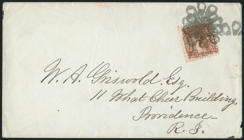 2c Brown (113).> Radiant color, tied by multiple strikes of oneycomb Circle of Hollow Wedges fancy cancel> on unsealed circular-rate cover to Providence R.I., trivial cover wear, Very Fine strikes of this
unusual fancy cancel, with 1999 P.F. cert