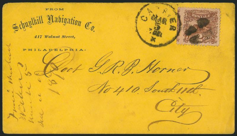 2c Brown (113).> Jumbo margins with natural s.e. at left capturing part of adjoining stamp at left, tied by quartered cork and <Carrier Mar. 5> circular datestamp on orange cover with <Schuylkill Navigation Co.
of Philadelphia corner card> to local