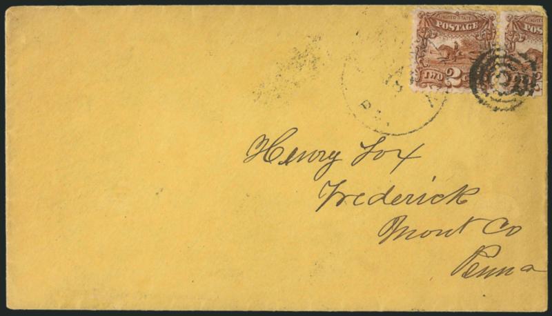 2c Brown, Vertical Half Used as 1c (113c).> Left vertical half used in pair with 2c, well-tied by target cancel and (town?) Pa. Jan. 18 circular datestamp on buff cover to Frederick Pa., left stamp has small
tear at bottom not mentioned on accompan