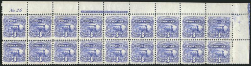 3c Ultramarine (114).> Mint N.H. top right corner selvage imprint and plate no. 26 block of 18, natural short gum at part of top, several bottom stamps with <split grills> and showing the uneven application of
the grill, radiant color, pos. 3 small t