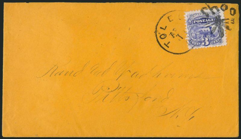 3c Ultramarine (114).> Rich color and detail impression, tied by well-struck <Shoo Fly fancy cancel> and by Toledo O. Apr. 11 circular datestamp on orange cover to Pittsford N.Y., single short perf tip at top
left not mentioned on accompanying ce