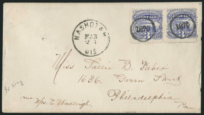 3c Ultramarine (114).> Horizontal pair, detailed impression, right stamp few short perfs at right, each stamp canceled by clear strike of <1870 in circle fancy cancel,> Nashotah Wis. Mar. 26 circular datestamp
on cover to Philadelphia, receiving