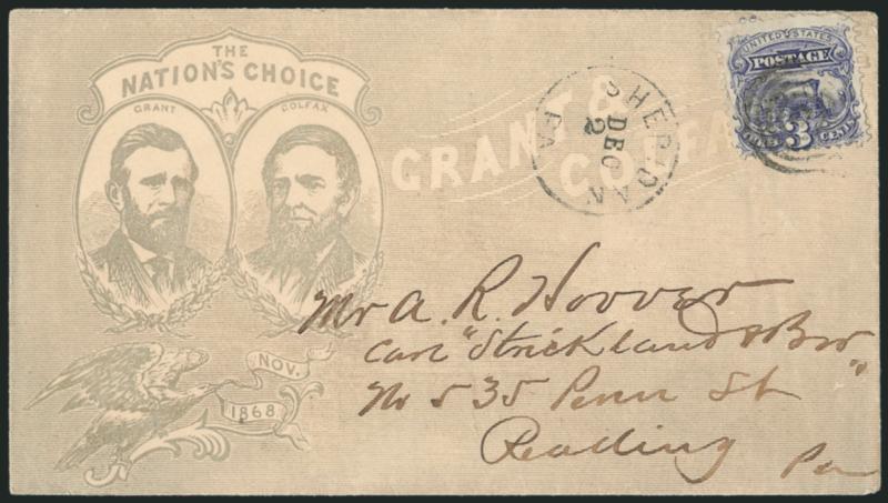 3c Ultramarine (114).> Rich color, tied by target cancel, Sheridan Pa. Dec. 2 circular datestamp on all-over <Grant-Colfax Campaign> cover to Reading Pa., stamp with light diagonal crease at lower left and
pulled perf at right, Very Fine appearance