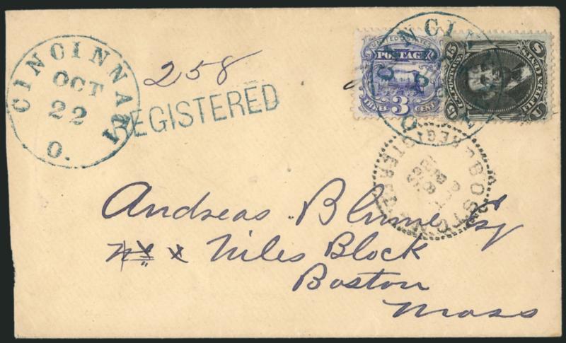 3c Ultramarine (114).> Bright color, used with <15c Black, F Grill (98)> and tied together by <blue> Cincinnati O. Oct. 22 circular datestamp, second strike at left with matching <^REGISTERED^> straightline
handstamp on cover to Boston, clear Bo