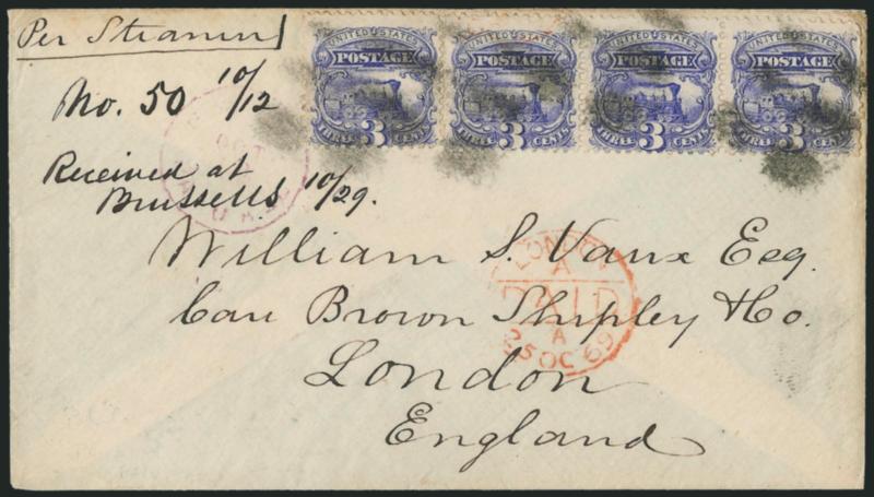 3c Ultramarine (114).> Horizontal strip of three and single, intense shade and impression, tied by strikes of quartered cork cancels, light strike of <magenta> Phila. Pa. O. Mail Oct. 12 circular datestamp on
1869 cover <to London, England,> red re
