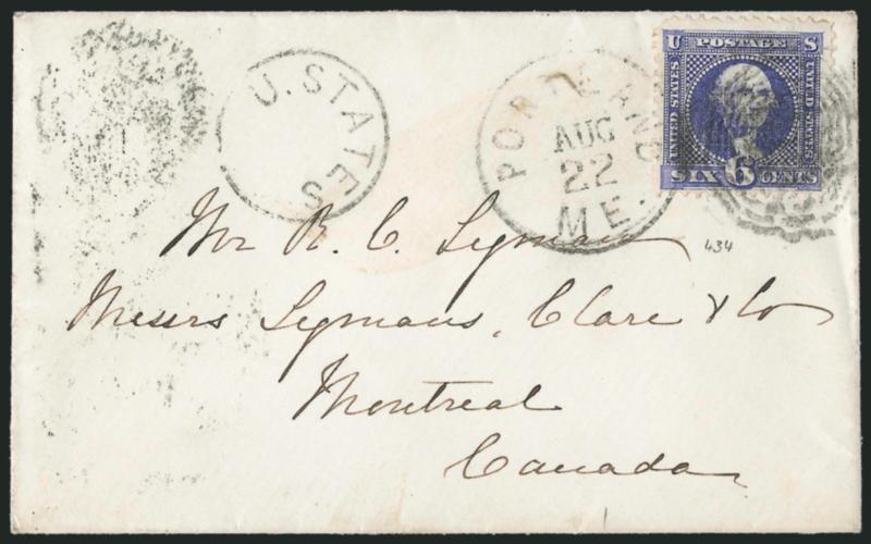 6c Ultramarine (115).> Rich color and bright paper, tied by unusual target cancel and Portland Me. Aug. 22 circular datestamp on cover <to Montreal, Canada,> neat strike of U. States in circle handstamp, 1870
receiving backstamp fresh and Very Fi