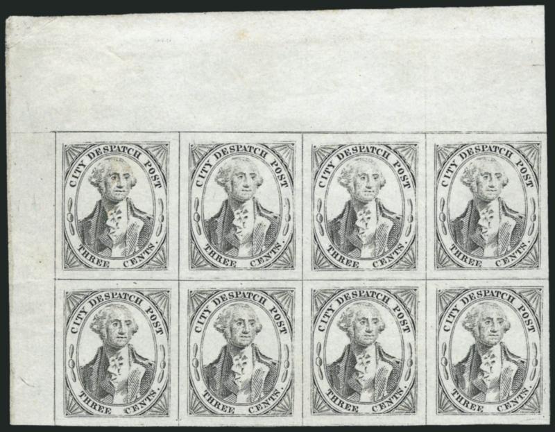 (Greigs) City Despatch Post, New York N.Y., 3c Black on Grayish (40L1).> Positions 1-47-10, top left corner sheet margin block of eight, original gum, large margins all around, fresh and bright, negligible
corner crease in sheet margin at extreme t