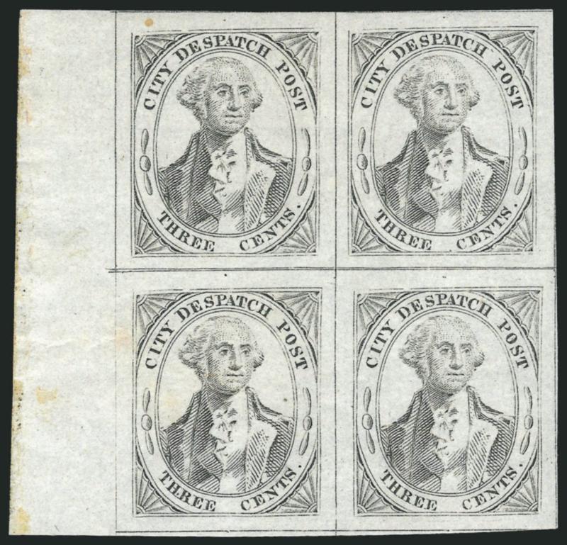 (Greigs) City Despatch Post, New York N.Y., 3c Black on Grayish (40L1).> Positions 19-2025-26, left sheet margin block of four, original gum, large margins all around, light natural paper wrinkle affects bottom
left stamp (not mentioned on accompan