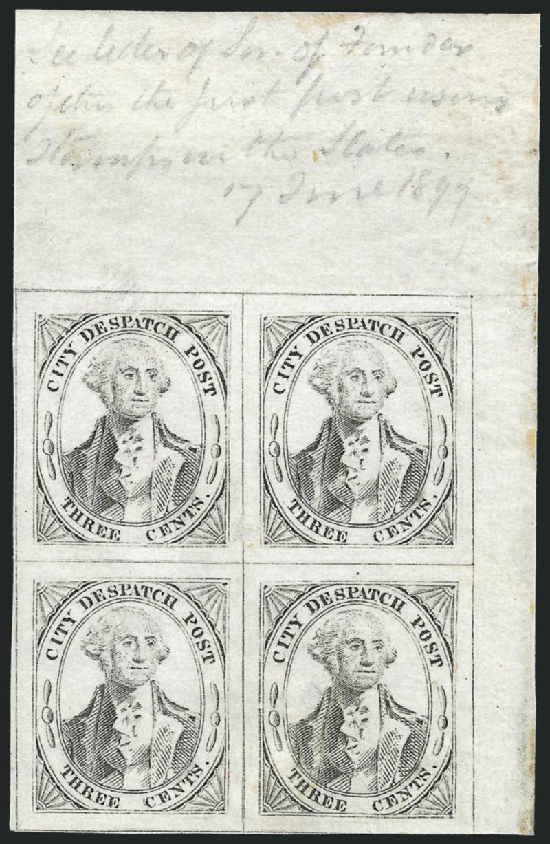 (Greigs) City Despatch Post, New York N.Y., 3c Black on Grayish (40L1).> Positions 5-611-12, top right corner sheet margin block of four, original gum, large margins other sides, small surface scrapes between
top pair and two small surface scrapes