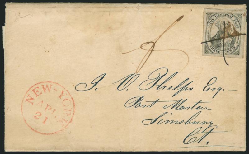 (Greigs) City Despatch Post, New York N.Y., 3c Black on Grayish (40L1).> Position 34, large margins, tied by manuscript X cancel on 1842 folded letter addressed in blue to the Postmaster of Simsbury Conn., red
New-York Apl 21 circular datestamp,