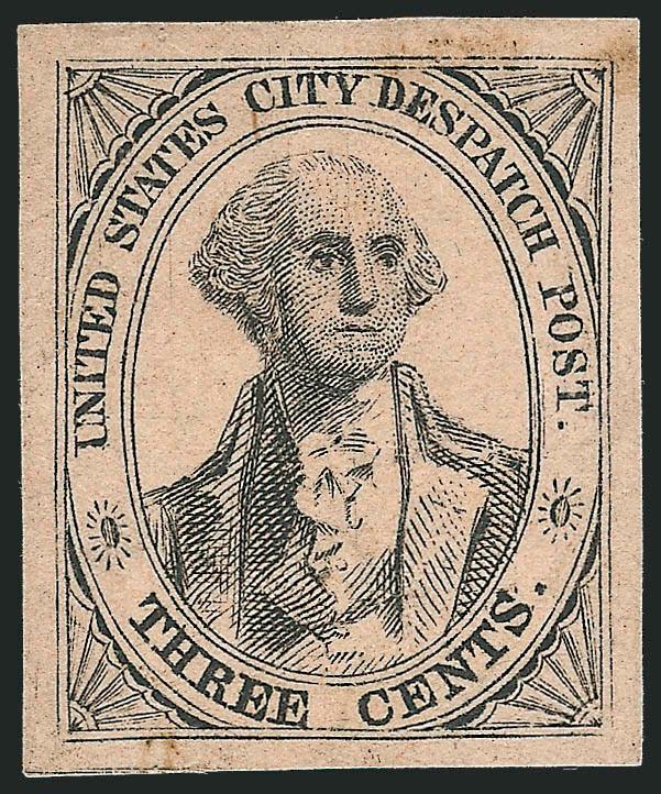 U.S. City Despatch Post, New York N.Y., 3c Black on Rosy Buff Unsurfaced (6LB2).> Position 21R, unused (no gum as always), large even margins, <without any thins,> beautiful impression on bright paper,
certificate notes tiny gum soiling in the margi
