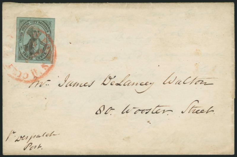 U.S. City Despatch Post, New York N.Y., 3c Black on Light Blue Unsurfaced (6LB3).> Large even margins, tied by orange-red U.S. City Despatch Post Feb. 15, -- OClock Type I double-line circular datestamp on 1843
folded letter of condolence dated Fe