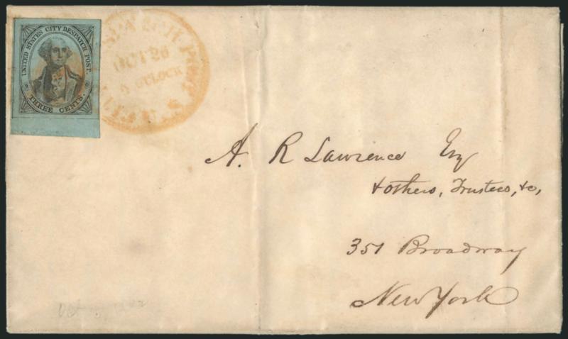 U.S. City Despatch Post, New York N.Y., 3c Black on Light Blue Unsurfaced (6LB3).> Large even margins including <bottom sheet margin>, cancelled by orange-red U.S. in frame and tied by matching U.S. City
Despatch Post Oct. 26, 9 OClock Type I do