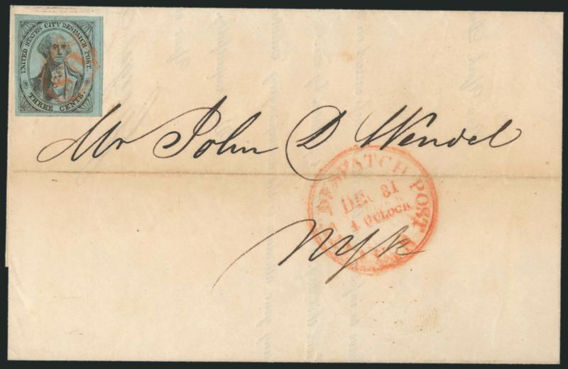 U.S. City Despatch Post, New York N.Y., 3c Black on Light Blue Unsurfaced (6LB3).> Large margins, cancelled by neat strike of orange-red U.S. in frame, impression ties thru paper, matching U.S. City Despatch
Post Dec. 31, 4 OClock Type I double-