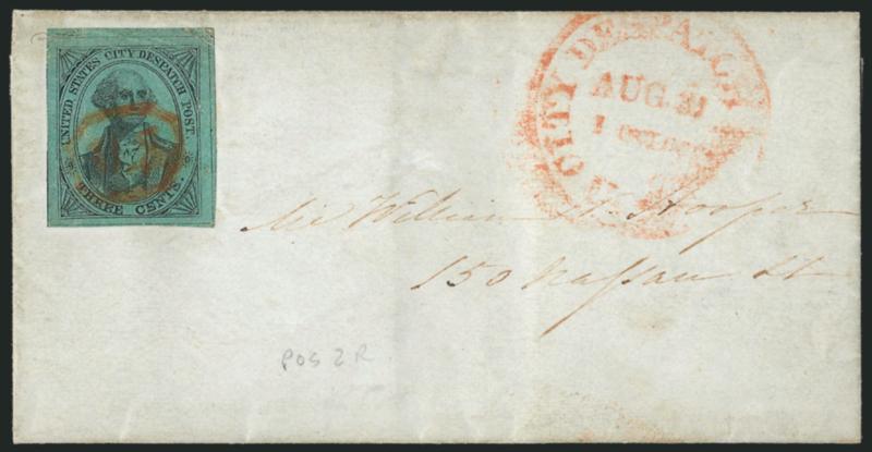 U.S. City Despatch Post, New York N.Y., 3c Black on Green Glazed (6LB5d).> Position 2R, large margins including part of top sheet margin, bold orange-red U.S. in frame cancel, matching U.S. City Despatch Post
Aug. 31, 1 OClock Type I double-line