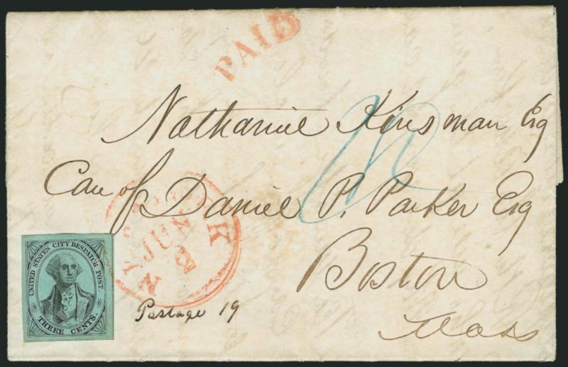 U.S. City Despatch Post, New York N.Y., 3c Black on Blue Green Glazed (6LB5).> Distinctive intermediate GreenBlue-Green shade, large even margins, left uncancelled by the carrier department and <tied> by red
New-York Jun. 2 circular datestamp with