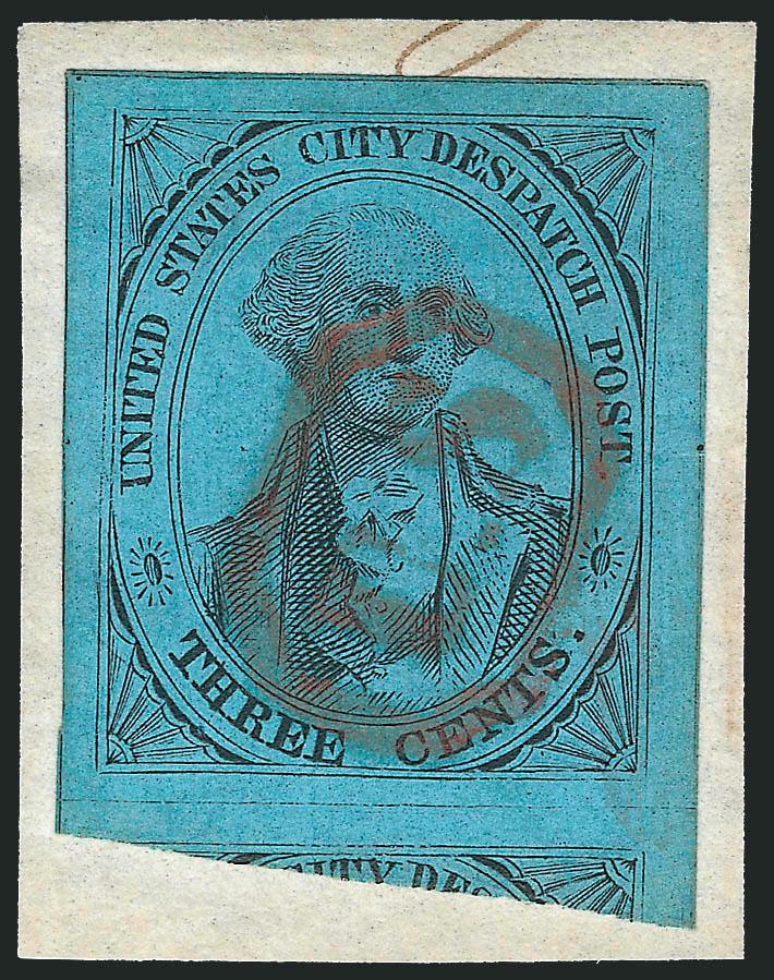U.S. City Despatch Post, New York N.Y., 3c Black on Blue Glazed (6LB5b).> Three, one with part original gum and slight creases, other two cancelled by red U.S. in frame on small pieces, large margins, one on
piece has faint scratch in enamel, other