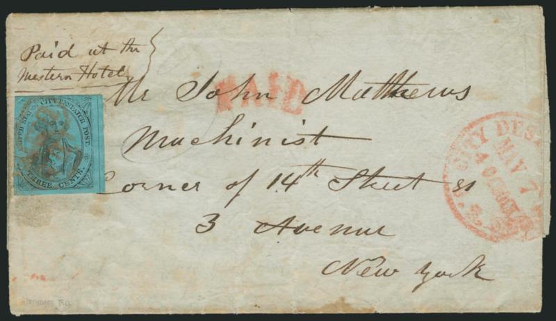 U.S. City Despatch Post, New York N.Y., 3c Black on Blue Glazed (6LB5b).> Large margins to just touched, light shade, faults, red U.S. in frame cancel (probably lifted and moved down), used on 1846 folded
letter with local address, senders endorse