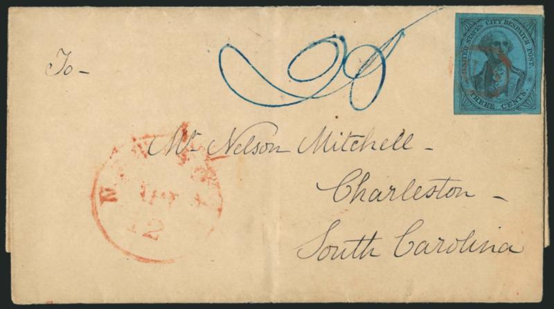U.S. City Despatch Post, New York N.Y., 3c Black on Blue Glazed (6LB5b).> Full to large margins, tied by U.S. in frame on folded cover to Charleston S.C., red New-York Apl. 12 (1845) circular datestamp, blue
manuscript 25 rate, stamp has couple