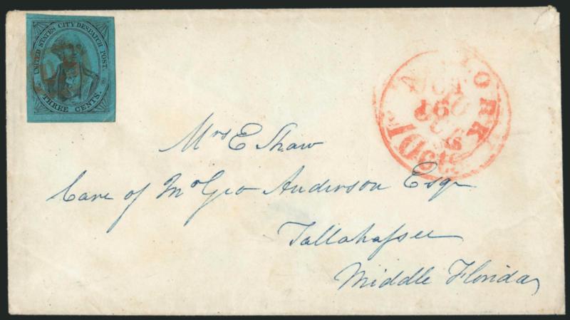 U.S. City Despatch Post, New York N.Y., 3c Black on Blue Glazed (6LB5b).> Large margins, cancelled by red U.S. in frame on cover <to Tallahassee Fla.,> red New-York 10cts Oct. 16 (1845) integral-rate circular
datestamp struck on top of U.S. City