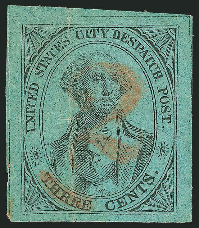 U.S. City Despatch Post, New York N.Y., 2c on 3c Black on Blue Green Glazed, Red Surcharge (6LB7).> Large to huge margins, clear overprint and deep paper shade, vertical crease<><>^EXTREMELY FINE APPEARANCE.
ONE OF FOUR RECORDED EXAMPLES OF THE WOR