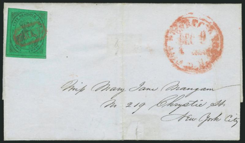 (Meads) Post Office City Despatch, New York N.Y., 2c Black on Green Glazed (40L2).> Position 19, large to huge margins, brilliant color and early impression from reworked plate, cancelled by neat strike of red
Free in frame on gray folded cover to