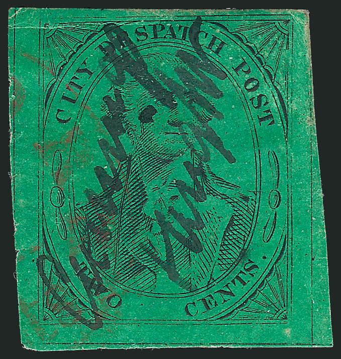 (Cummings and Wright) Post Office City Despatch, New York N.Y., 2c Black on Green Glazed, Manuscript Cummings & Wright Overprint (40L2 var).> Mostly huge margins, ample at top, cancelled by part of red New York
integral-rate circular datestamp, bol