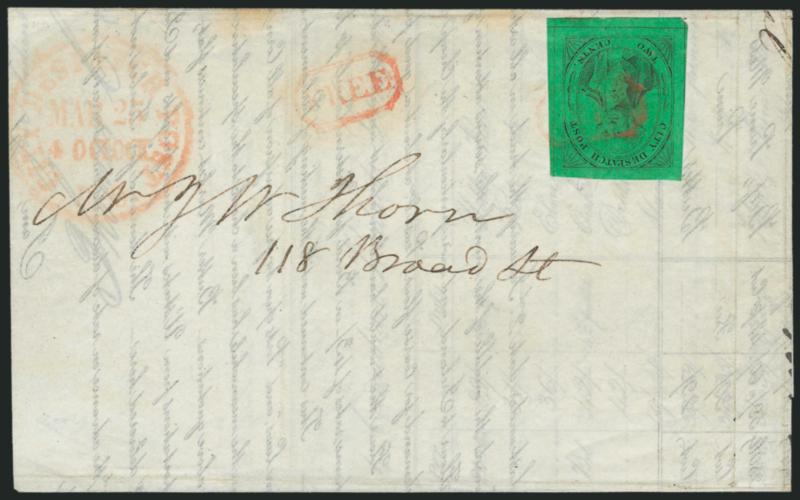 (Cummings and Wright) Post Office City Despatch, New York N.Y., 2c Black on Green Glazed (40L2).> Position 26, huge margins all around, brilliant color, tied by vivid red Free in frame, second strike and
matching P.O. City Despatch Post Mar. 25, 4