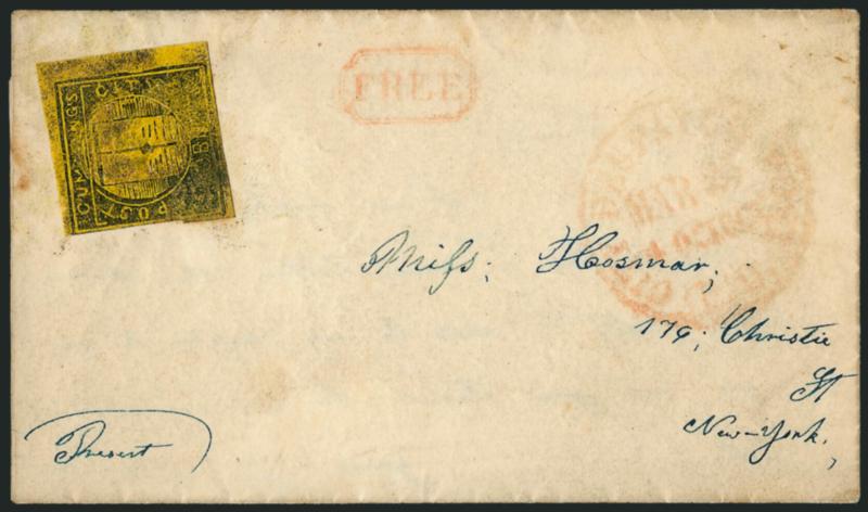 Cummings City Post, New York N.Y., 2c Black on Yellow Glazed (55L3).> Large margins to just in, cancelled by <Free in frame,> second strike to right of stamp, used on folded letter to local street address, red
<P.O. City Despatch Post Mar. 25, 4