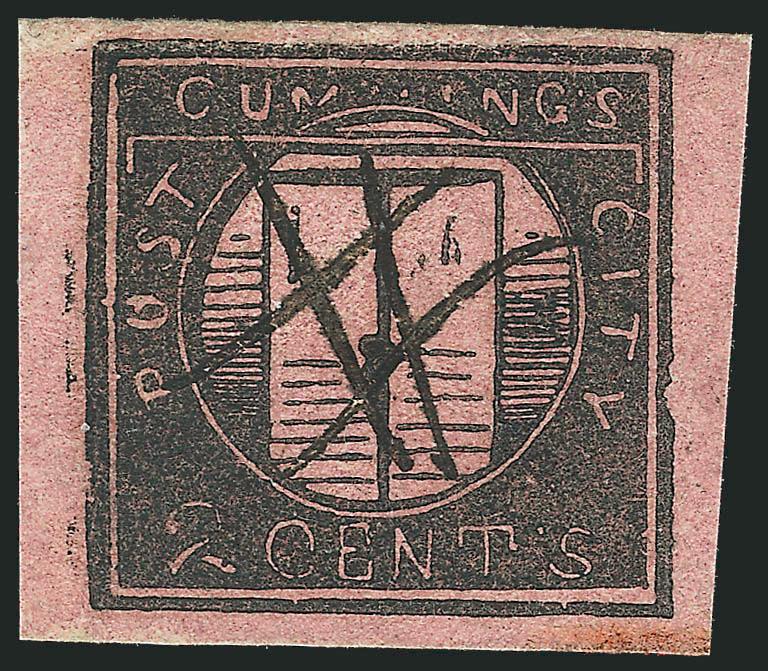 Cummings City Post, New York N.Y., 2c Black on Rose Glazed (55L1).> Enormous margins all around -- possibly a left sheet-margin position -- manuscript  cancel, faint trace of red cancel at bottom right, minor
abraded spot in top margin, otherwise