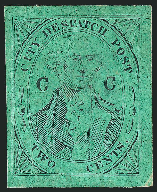 (Coles) Post Office City Despatch, New York N.Y., 2c Black on Green Glazed, CC at Sides (40L4).> Position 12, original gum, large margins, tiny thin spots, slight creases and negligible cracks in
enamel<><>^EXTREMELY FINE APPEARANCE. THIS IS THE