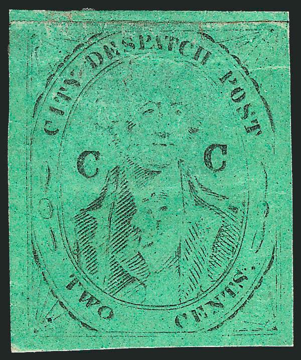 (Coles) Post Office City Despatch, New York N.Y., 2c Black on Green Glazed, CC at Sides (40L4).> Position undetermined, unused (no gum), full margins, creased across top and minor faults, otherwise Fine, one of
three recorded unused examples of th