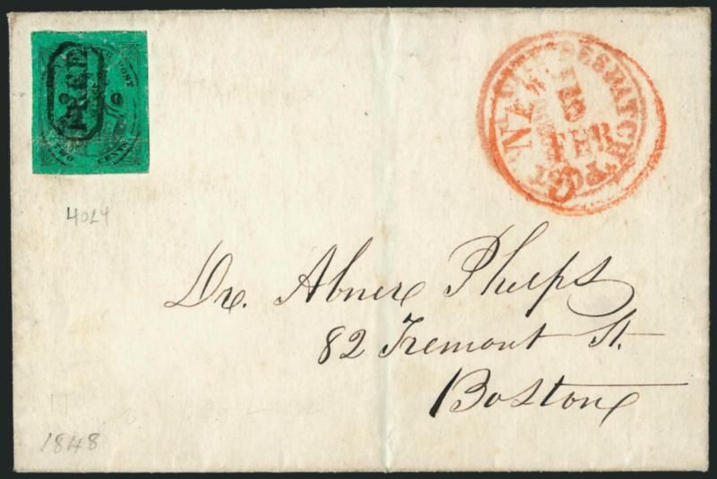 (Coles) Post Office City Despatch, New York N.Y., 2c Black on Green Glazed, CC at Sides (40L4).> Position 26, cancelled by Free in frame (used previously by Greig) on 1848 folded cover to Boston, overlapping
red New York (Feb. 5) and City Despat