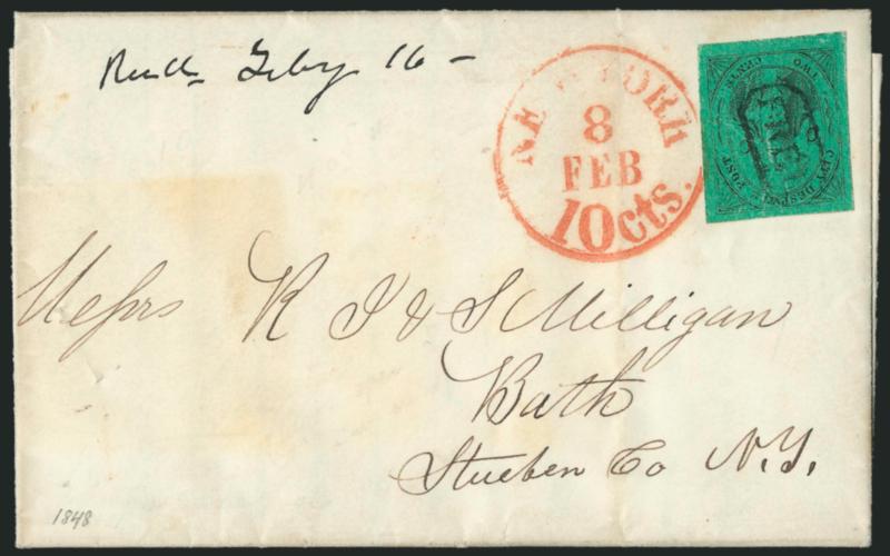 (Coles) Post Office City Despatch, New York N.Y., 2c Black on Green Glazed, CC at Sides (40L4).> Position 9, large margins, slight creasing endemic to the issue, cancelled by black Free in frame (impression
ties thru paper), also tied by red Ne