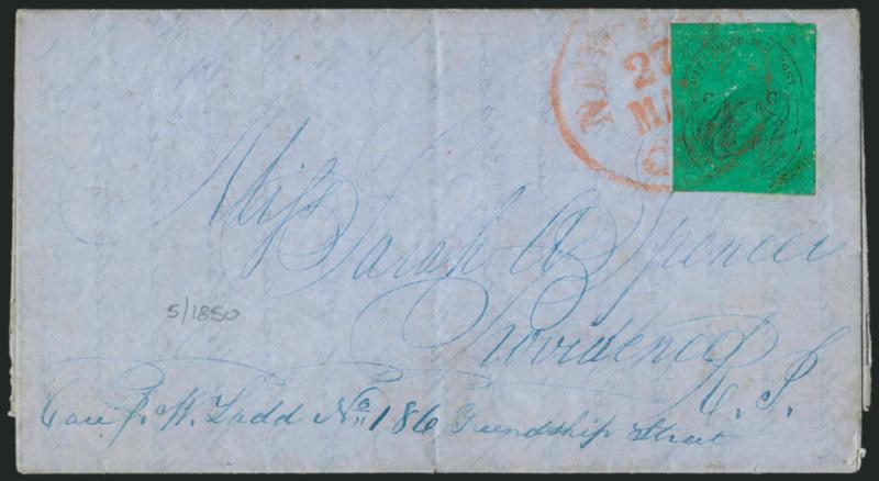 (Coles) Post Office City Despatch, New York N.Y., 2c Black on Green Glazed, CC at Sides (40L4).> Position undetermined, cancelled by pencil swirls and tied by red New-York 5cts 27 May integral-rate circular
datestamp on blue 1850 folded letter a