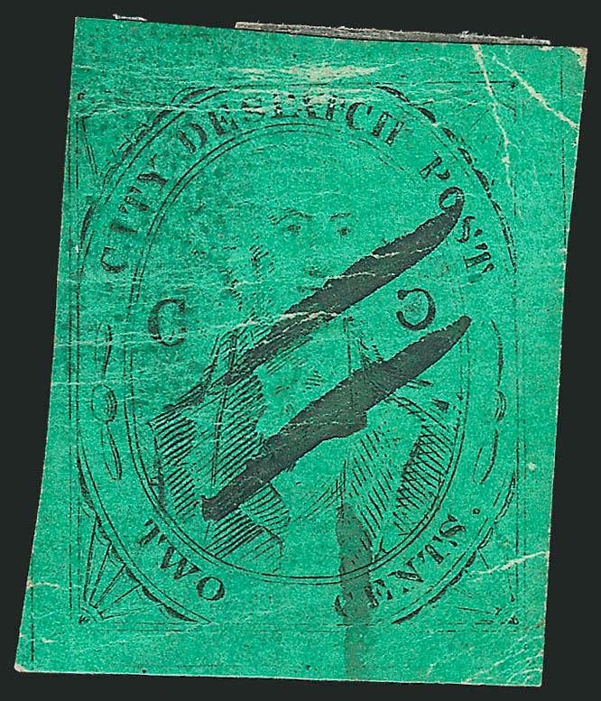 (Coles) Post Office City Despatch, New York N.Y., 2c Black on Green Glazed, C at Right Inverted (40L4a).> Position 36 with right C in mirror image (so-called Inverted C), large margins to touched at upper left,
clear impression on bright green