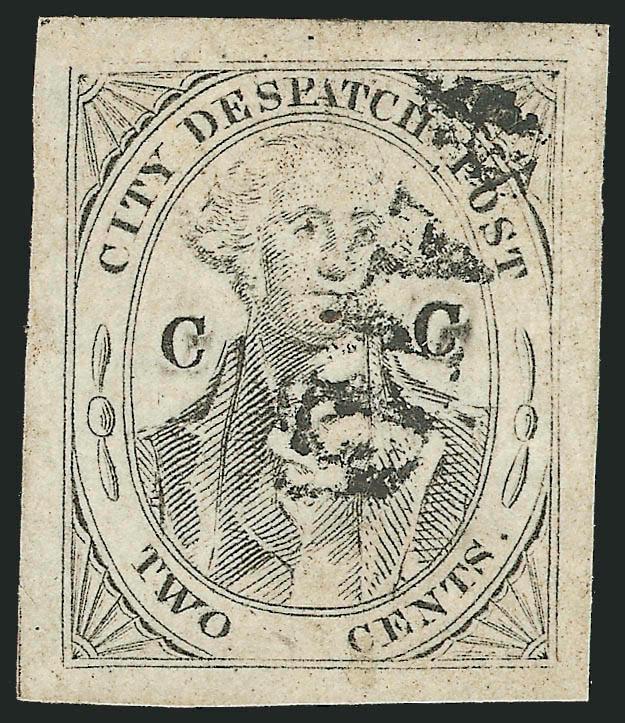 (Coles) Post Office City Despatch, New York N.Y., 2c Black on Grayish, CC at Sides (40L5).> Position 27, large even margins, Paid straightline cancel<><>^EXTREMELY FINE GEM. A SUPERB EXAMPLE OF THE COLE CC
STAMP ON GRAYISH.^<><>Ex Hall. Wi