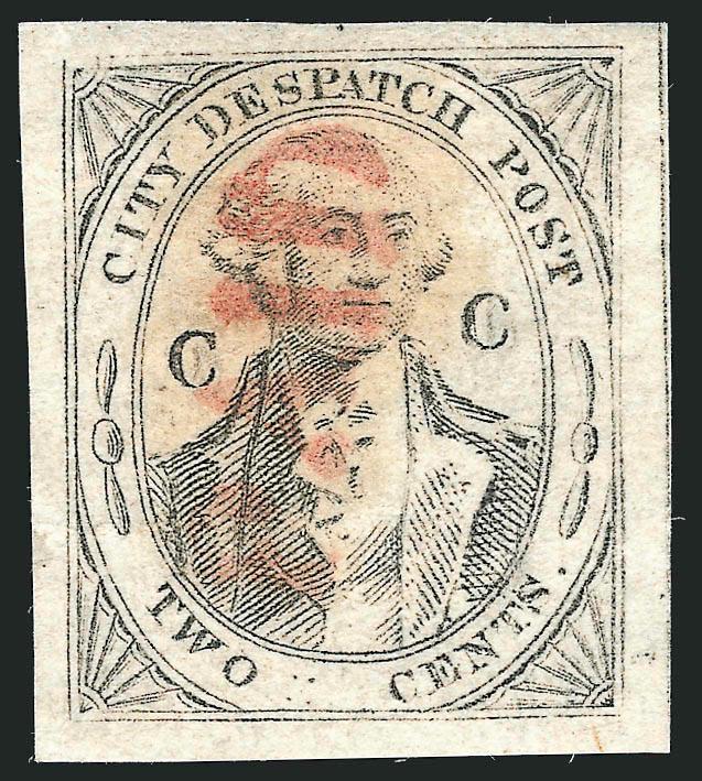 (Coles) Post Office City Despatch, New York N.Y., 2c Black on Grayish, CC at Sides (40L5).> Position 8, full to large margins, cancelled by <red Paid> faint oily bleed from red ink, slight horizontal crease
barely visible, still Extremely Fine,