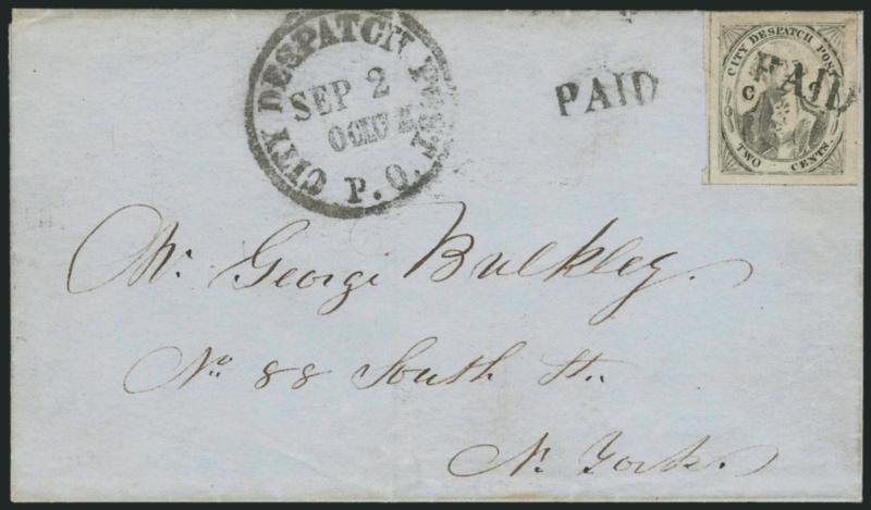 (Coles) Post Office City Despatch, New York N.Y., 2c Black on Grayish, CC at Sides (40L5).> Position 38, strong impression and slightly doubled, cancelled by Paid with second strike and bold P.O. City Despatch
Post Sep. 2 -- OClock (1848) cir