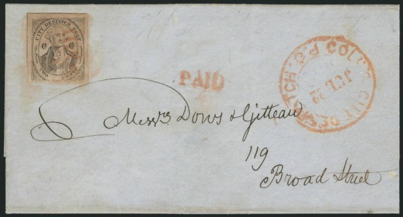 (Coles) Post Office City Despatch, New York N.Y., 2c Black on Grayish, CC at Sides (40L5).> Position 42, large even margins, slightly toned from gum, red Paid cancel, matching strike and Coles City Despatch
P.O. Jul. 22 double-circle datestam