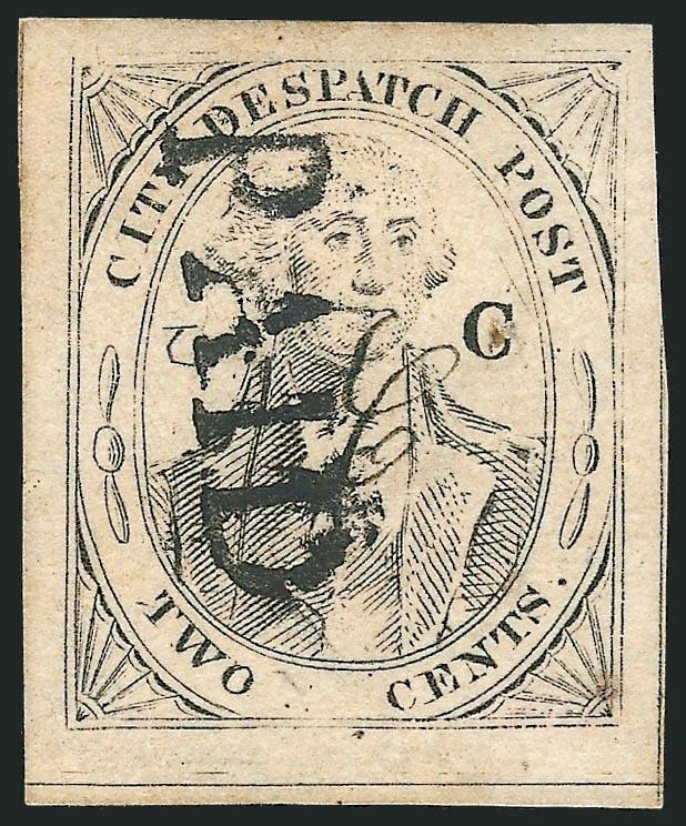 (Coles) Post Office City Despatch, New York N.Y., 2c Black on Grayish, Hand-Etched Sideways C at Left, Manuscript C Control Mark (40L5d).> Position 2 with lefthand C etched into plate by hand (so-called
Sideways C variety), large C initial